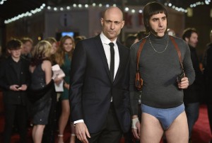 British actors Sacha Baron Cohen (R) and Mark Strong pose at the world premiere of the film "Grimsby" at Leicester Square in London, Britain, February 22, 2016. REUTERS/Toby Melville